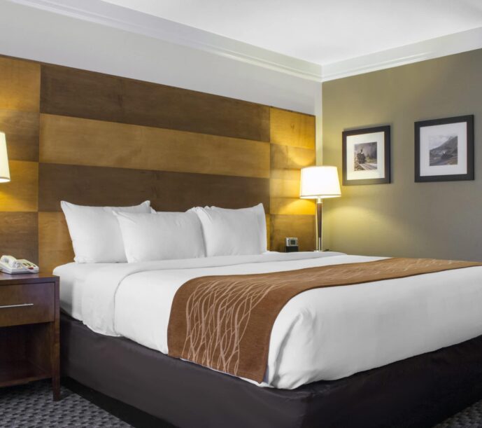 A modern bed rests in the room of the Comfort Inn with side tables, wood backboard, and Colorado-inspired decor.